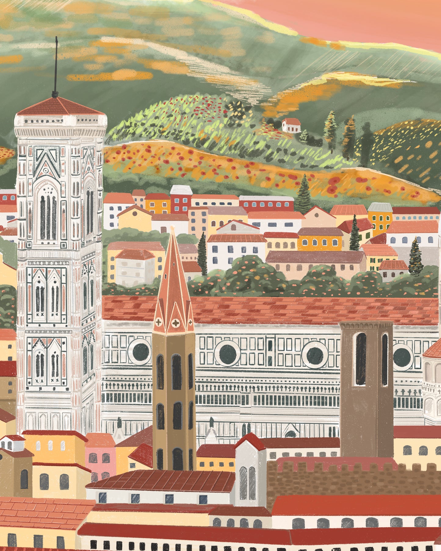 Florence, Italy, Travel Art Poster Artwork Detail. Florence rooftops and Duomo cathedral