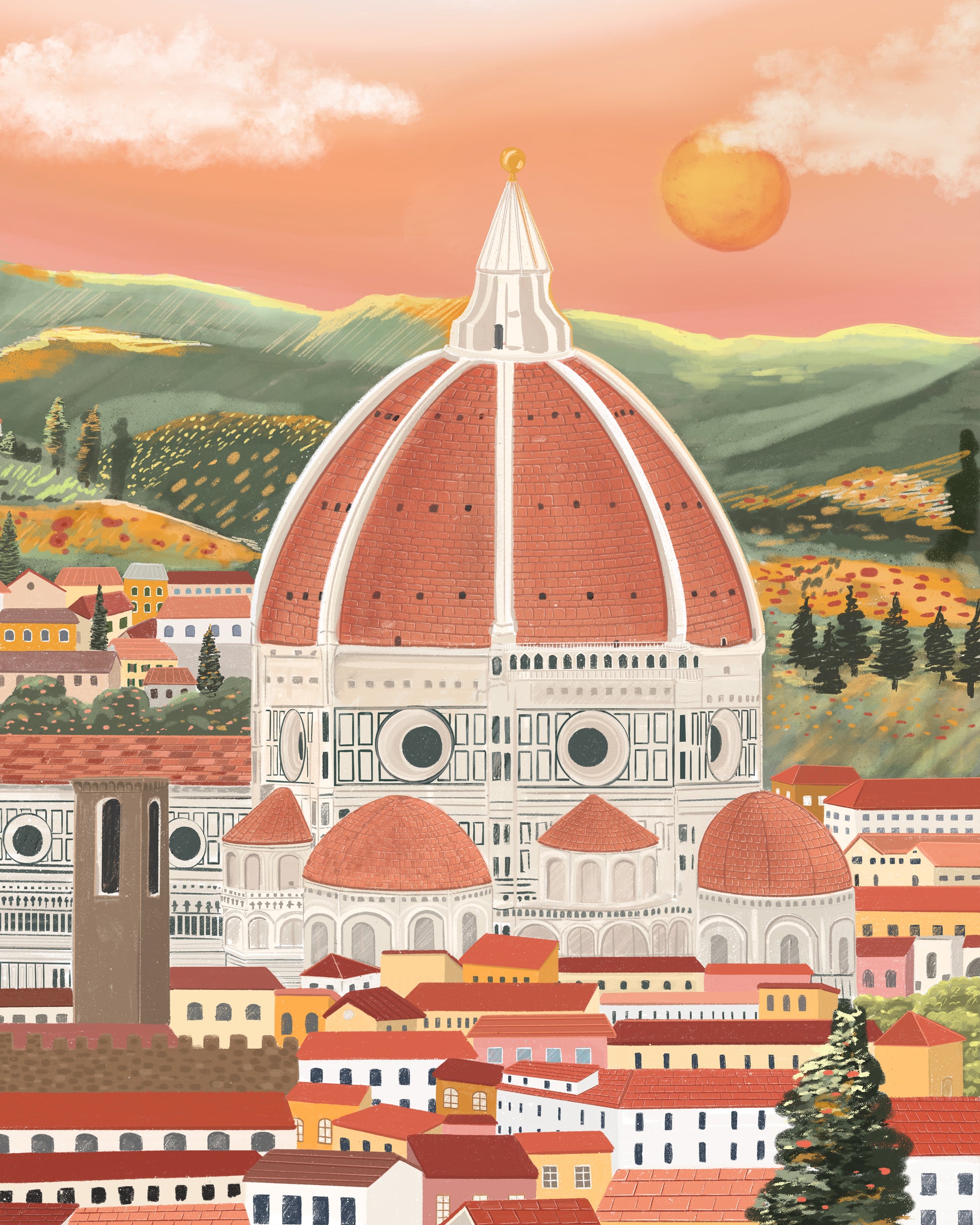 Florence, Italy, Travel Art Poster Artwork Detail. Florence rooftops and Duomo cathedral and beautiful landscapes