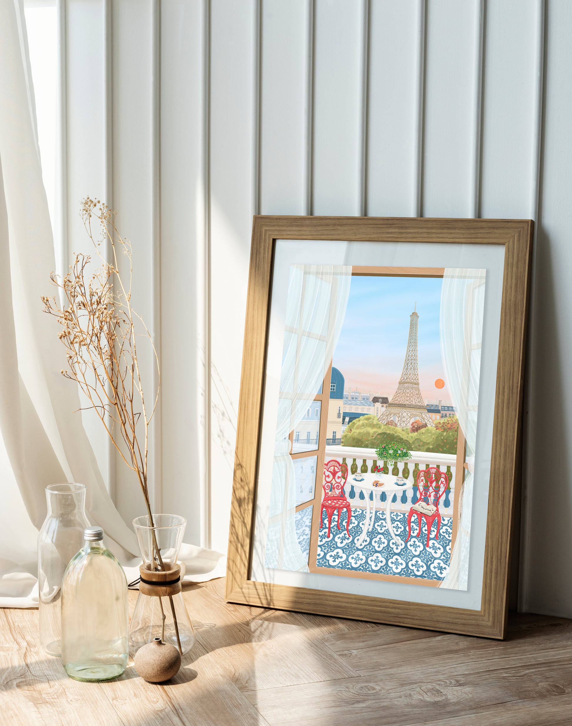 Paris, France, Travel Art Poster. Paris Art Poster Framed in Wooden Frame. Featuring Parisian balcony, rooftops, Eiffel tower and sunset. 