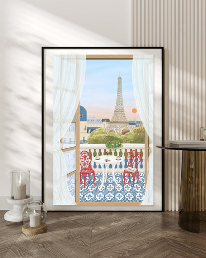 Paris, France, Travel Art Poster. Paris Art Poster Framed in Wooden Frame. Featuring Parisian balcony, rooftops, Eiffel tower and sunset. Big Size Frame.